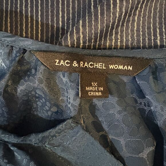 Zac & Rachel Blouse Womens 1X Teal Satin Animal Print Puff Sleeve Boho Chic Top - Picture 7 of 11